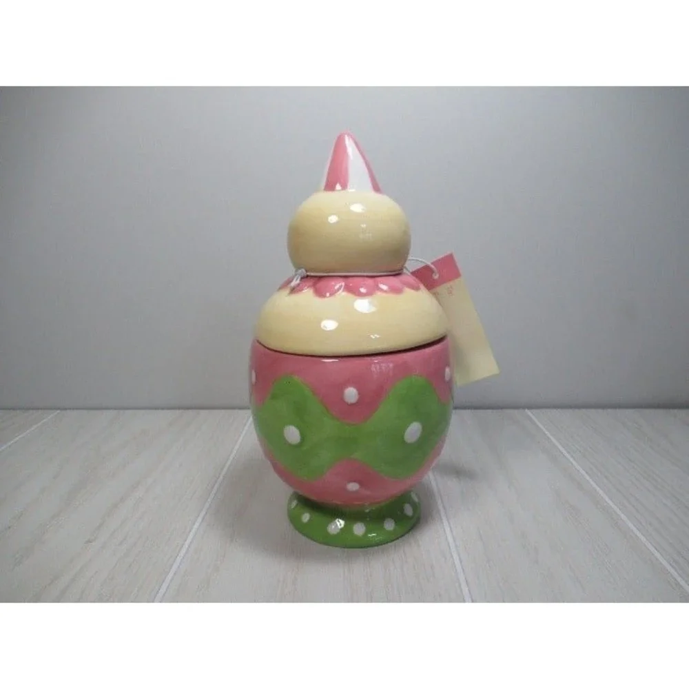 Johanna Parker Easter Chick in egg Covered Jar Canister pink green‎ yellow new